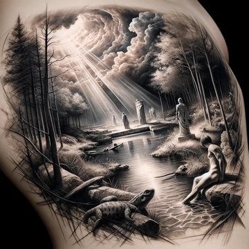 DALL·E 2024-03-11 15.14.38 - A highly detailed and realistic tattoo sketch featuring a lifelike portrayal of a scene or object, emphasizing shadows, light, and textures to achieve