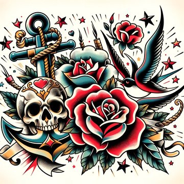 DALL·E 2024-03-11 16.05.56 - A classic old school tattoo sketch, featuring bold lines, vibrant colors, and iconic imagery such as roses, skulls, anchors, or nautical stars. This d